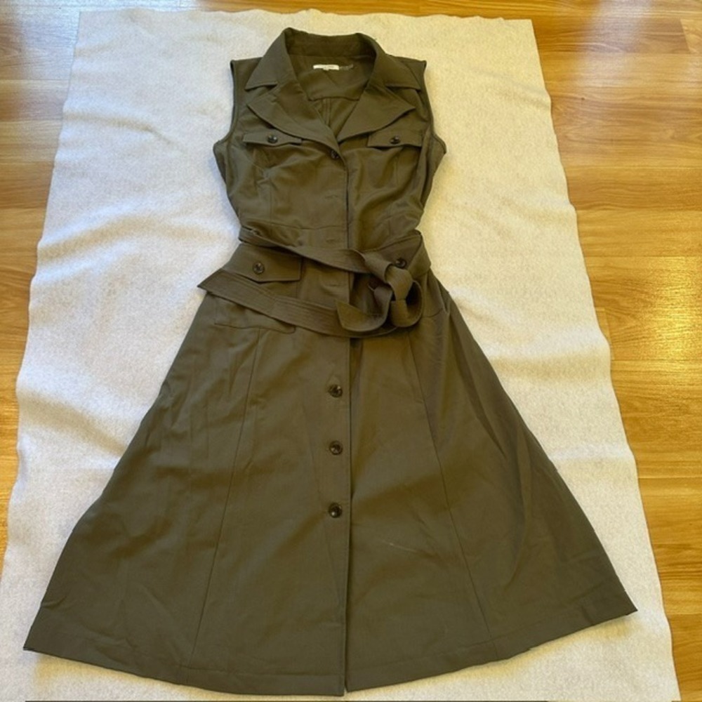 Calvin Klein Utility Dress Womens 14 Olive Green Trench Shirt Sleeveless Belted